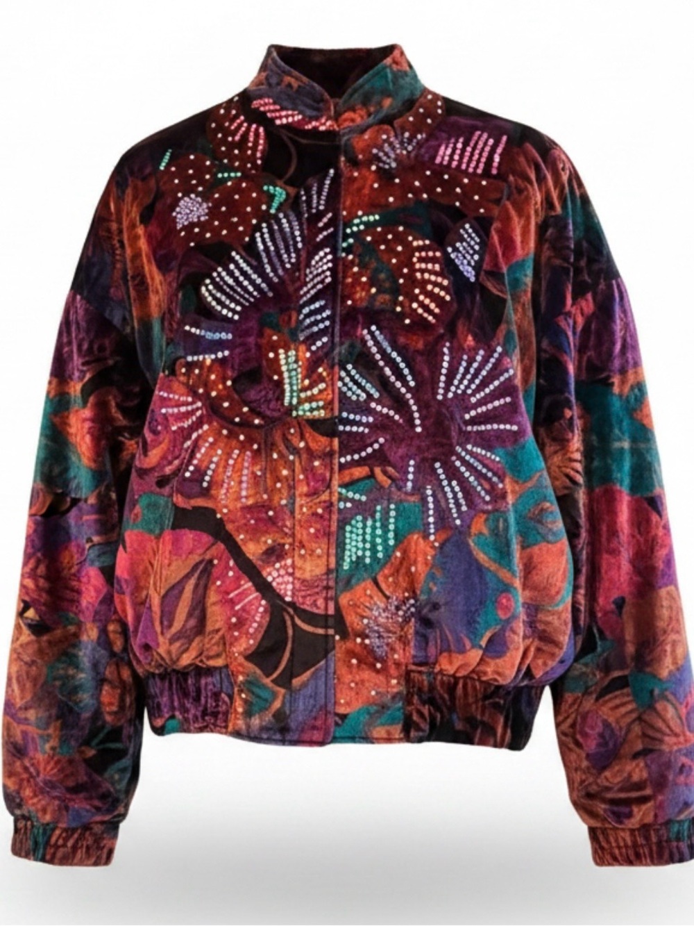 1980s Judith Ann Creations Silk Crushed Velvet Sequined Bomber Jacket Size S